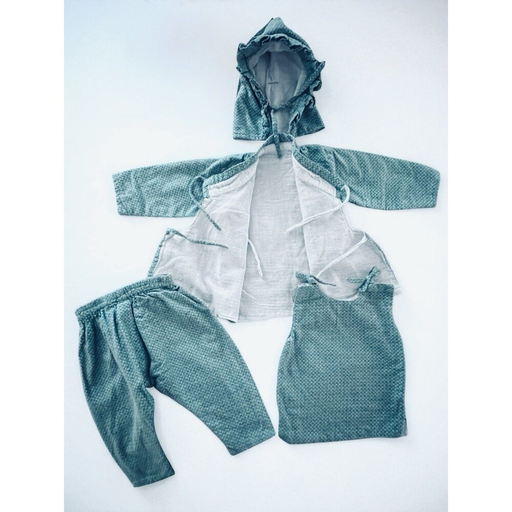 Handsewn 4pc Infant Outfit 6-12m Green/purple Flannel Muslin Lined Amish Baby